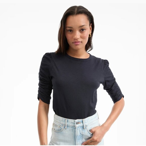 Veronica Beard Waldorf Ruched-Sleeve Slub T-Shirt Navy SMALL - Picture 2 of 7